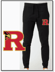 A black sweatpants with the letter r on it.