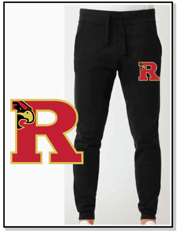 A black sweatpants with the letter r on it.