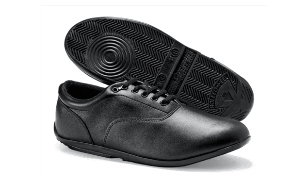 A pair of black shoes with a sole that is not visible.