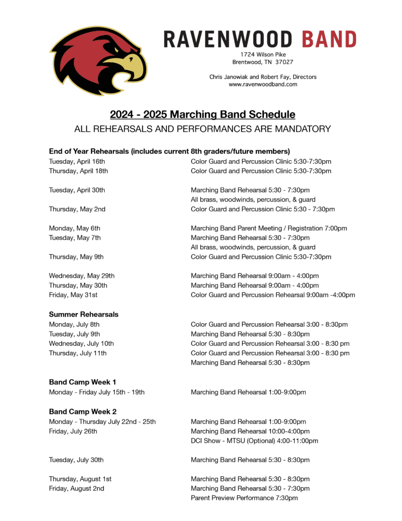 A marching band schedule with all the bands and performers.