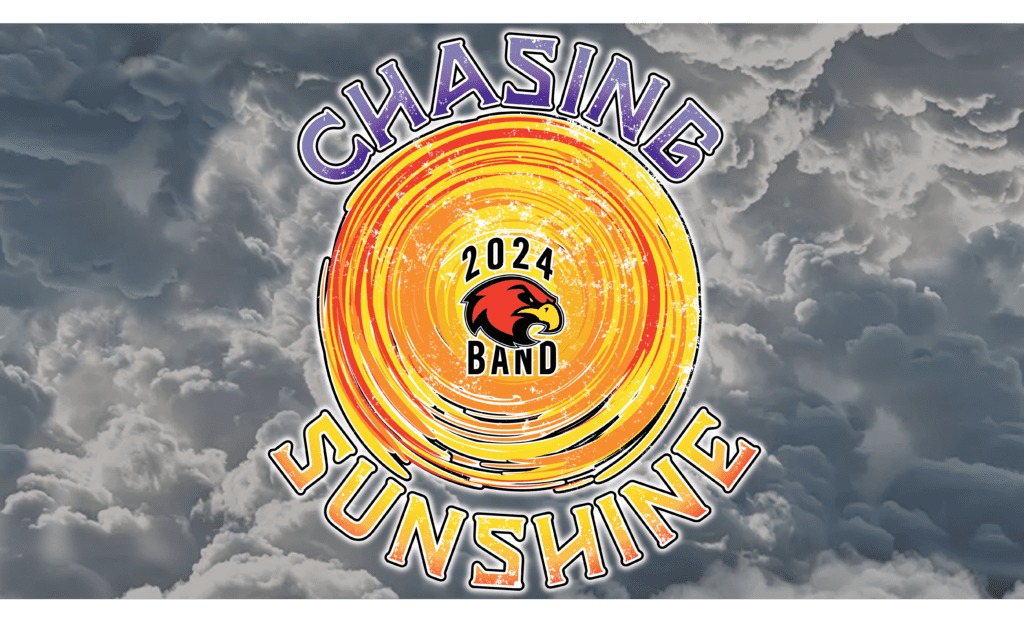 A band logo with the words chasing sunshine written in front of an orange sun.